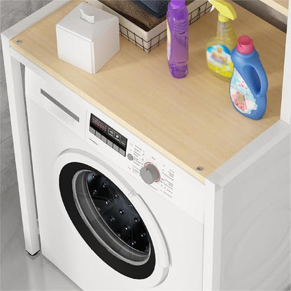 Durable 3-Tier Over The Washer Storage Rack, Freestanding Laundry Organizer with White Metal Frame & Wood Grain Boards, Movable Space Saving Shelf for Front Load Washers & Dryers