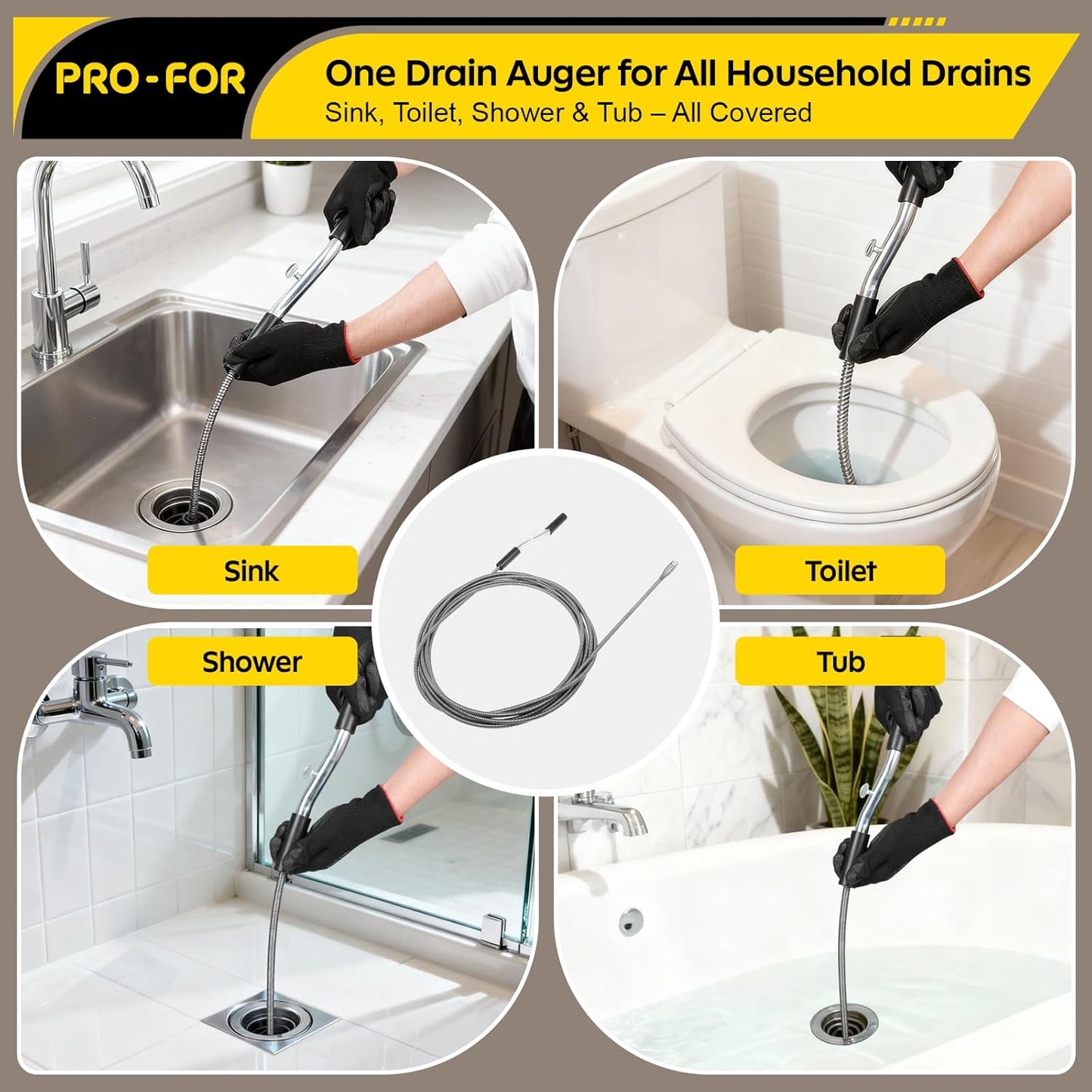 25FT Handheld Drain Auger, Heavy Duty Plumbing Snake for Clogged Drains, 3/8 Inch Diameter Manual Drain Cleaner for Sink, Bathtub, Shower & Kitchen Pipes