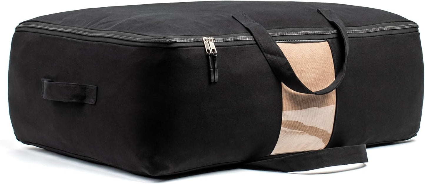 Soft Canvas Storage Bags with Zipper. Thick Breathable, 1pc King/Queen Comforter Organizer. Four Carrying Handles and Window. Large 25x19x9in Bag for Sheets Blankets Bedding Pillows, Clothes (Grey)