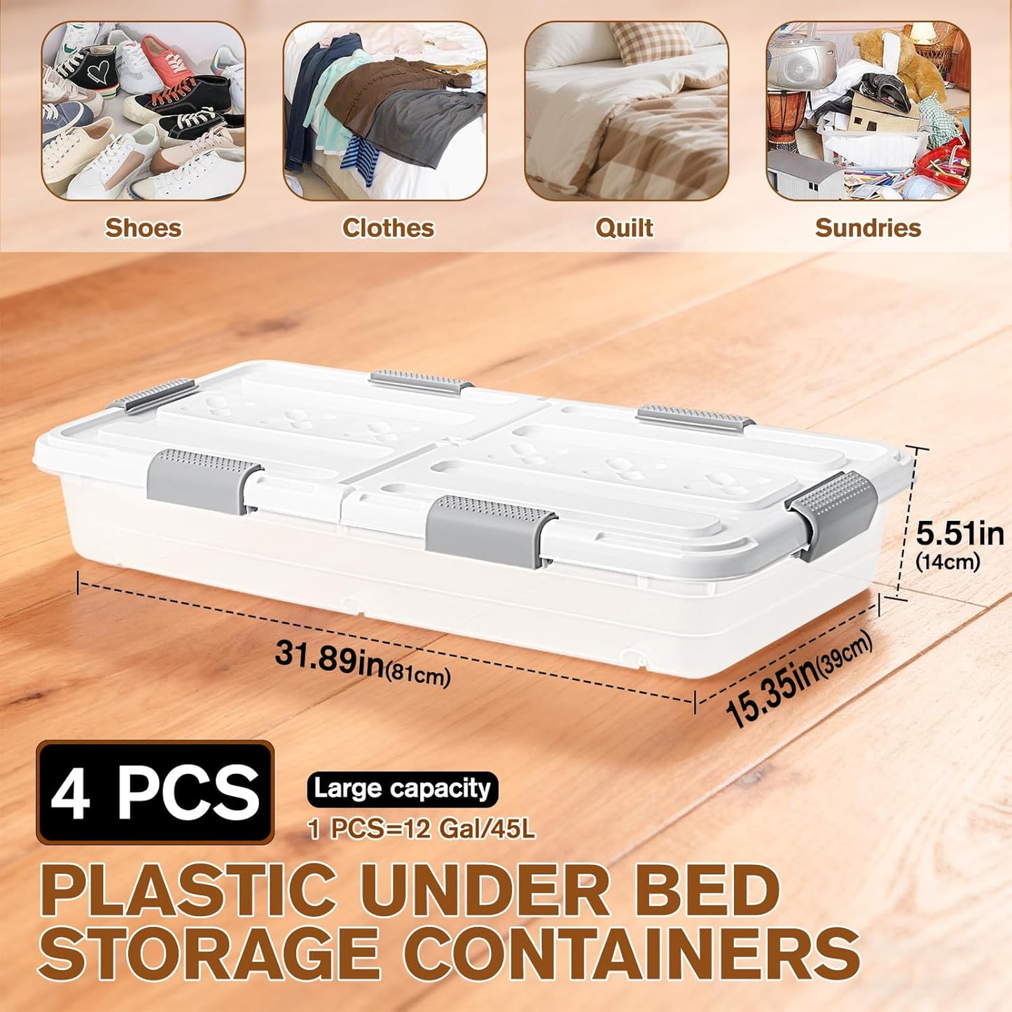 4 PCS*49 Qt Wheeled Latching Under Bed Storage, Double Opening Lids Stackable Bin with Latch Lid, Plastic Container to Organize Shoes Underbed, Clear with White Lid(White)