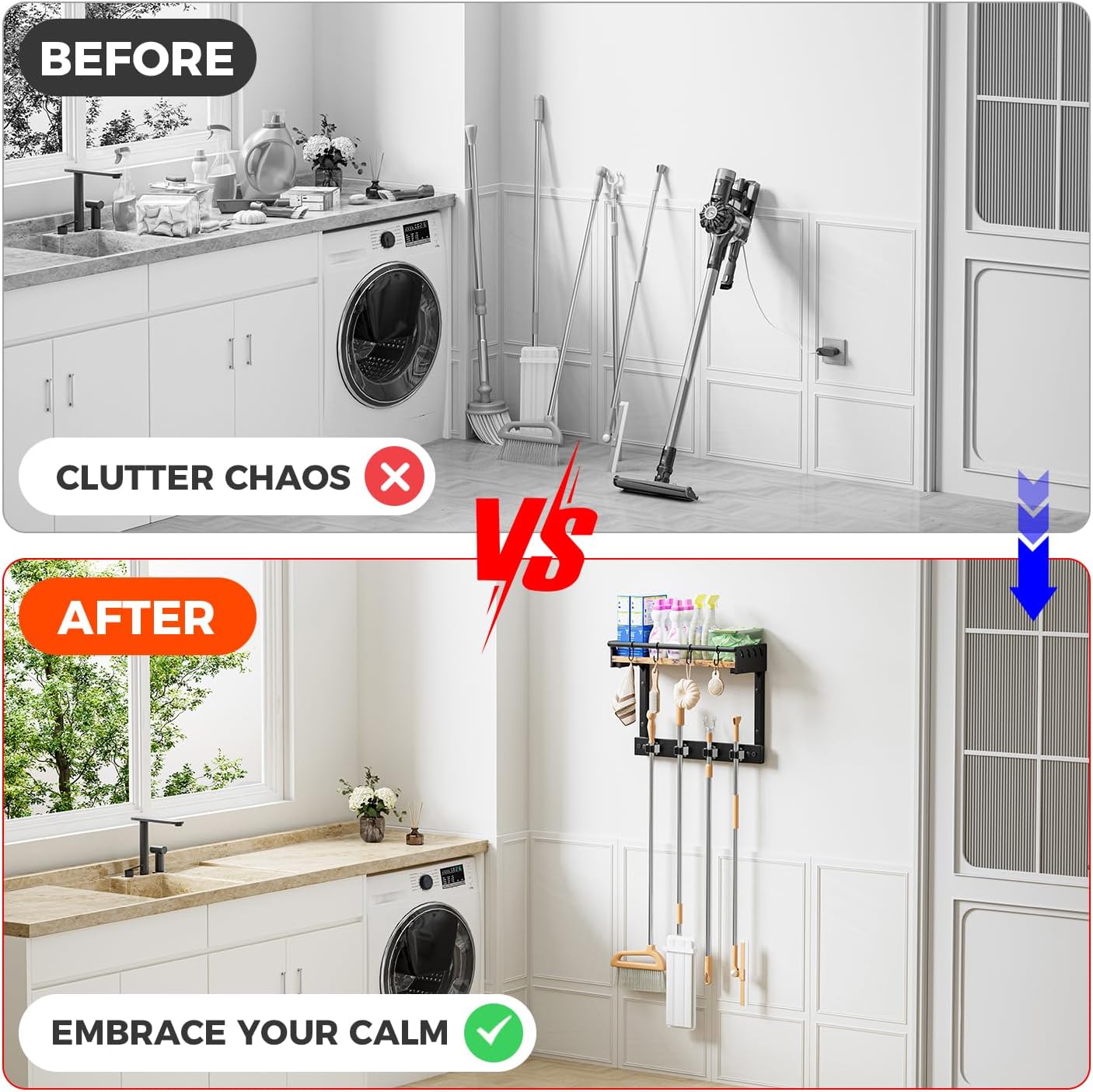 Broom Holder Wall Mount with Shelf,Broom Hanger,3 in 1 Broom and Mop Organizer Wall Hanging for Laundry,Garage,Utility,Broom Rack,Vacuum Stand Alternative,Cleaning Supplies Organizer Storage,White,L