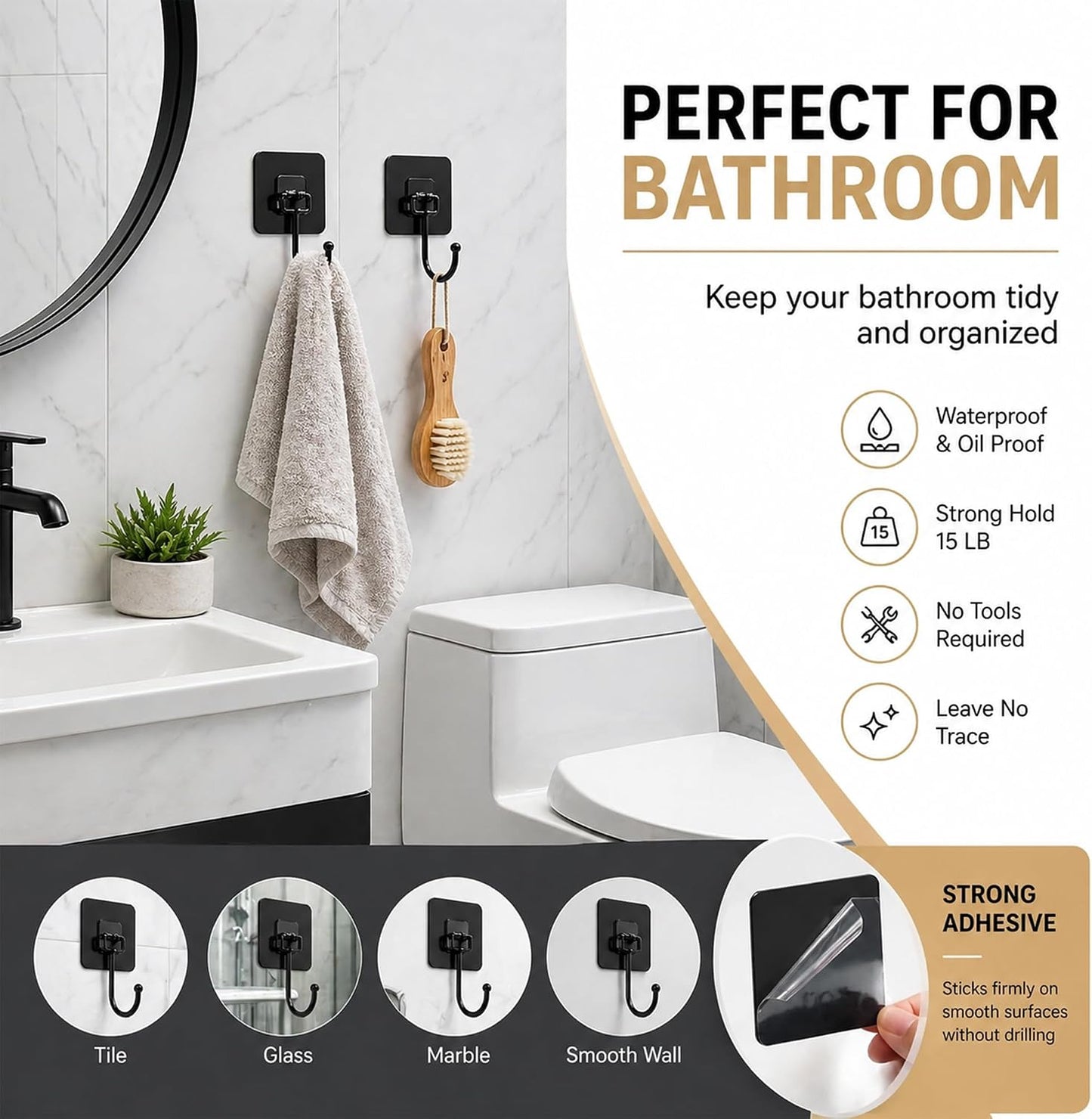 Heavy Duty Adhesive Hooks 60lb Max, 12 Pack Wall Hooks, Strong Stick On Hooks Traceless Waterproof & Rustproof for Bathroom Kitchen Home Hanging (12, Clear)