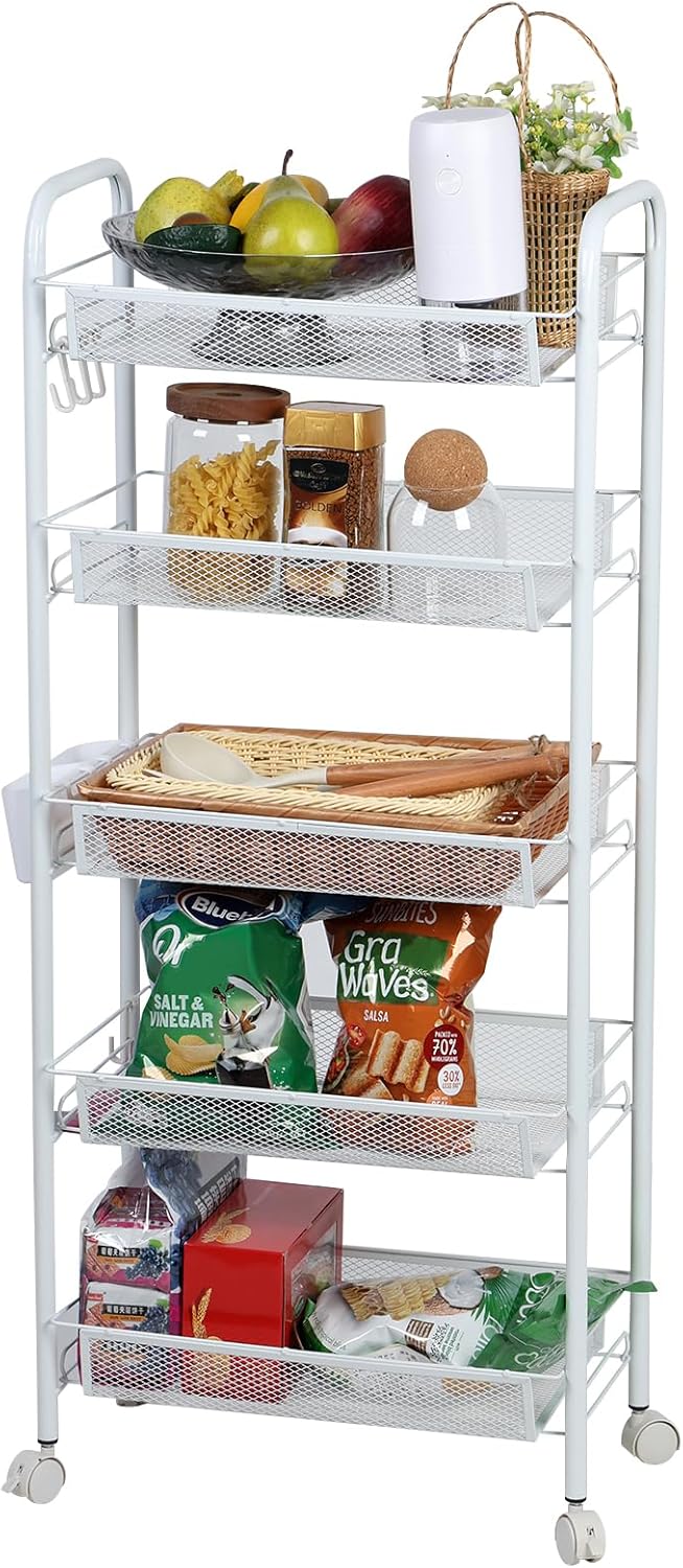 5-Tier Rolling Cart, Stackable Fruit Vegetable Rack, Kitchen Mesh Storage Basket with 360 Degree Wheels, Snack Cart for Kitchen Pantry Bathroom Organizer Heighten Guardrail Detachable (5-Tier Black)