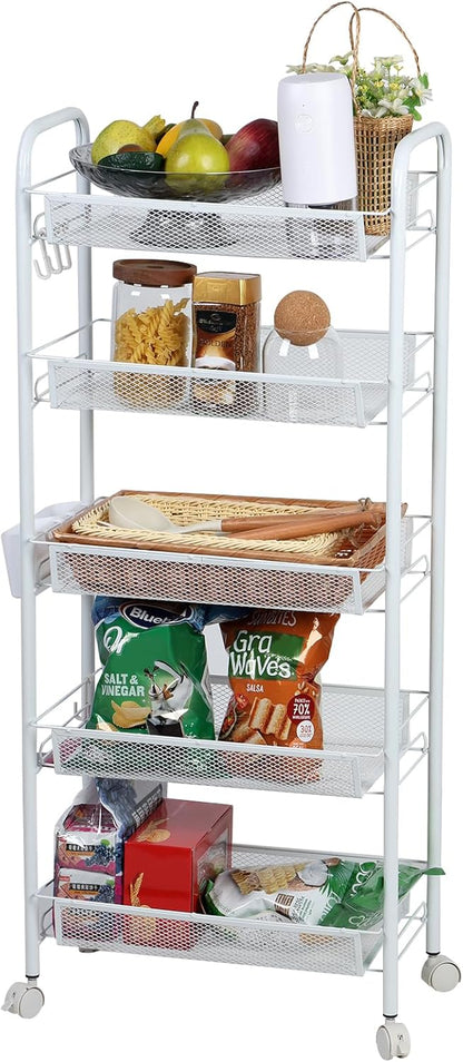 5-Tier Rolling Cart, Stackable Fruit Vegetable Rack, Kitchen Mesh Storage Basket with 360 Degree Wheels, Snack Cart for Kitchen Pantry Bathroom Organizer Heighten Guardrail Detachable (5-Tier Black)