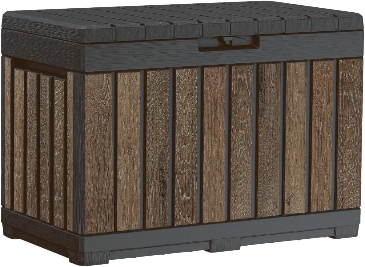 Keter Signature Everwood 30 Gallon Resin Outdoor Storage Box and Patio Furniture Side Table for Pool and Garden Accessories, Walnut