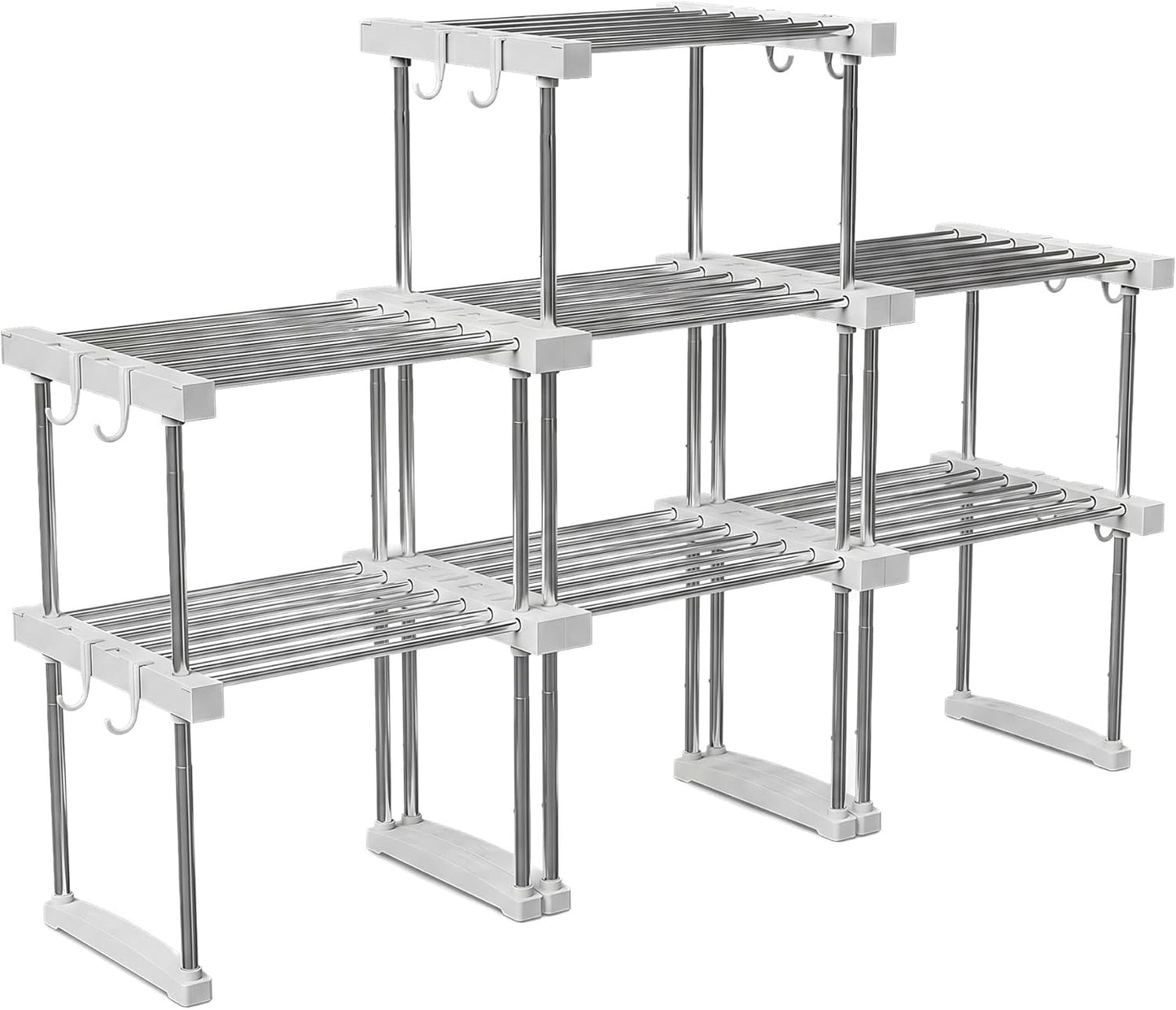 BLULEE Expandable Under Sink Organizer, 2-Tier Adjustable Storage Shelf | Heavy-Duty Stainless Steel Cabinet Rack for Kitchen Pantry & Bathroom Vanity, Stackable Organization System