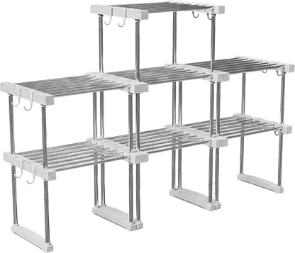 BLULEE Expandable Under Sink Organizer, 2-Tier Adjustable Storage Shelf | Heavy-Duty Stainless Steel Cabinet Rack for Kitchen Pantry & Bathroom Vanity, Stackable Organization System