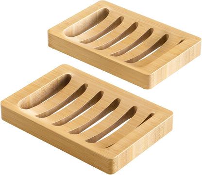 AmazerBath Soap Holder Soap Dish, Bamboo Soap Dish, 2 Pack Wood Bar Soap Holder for Shower, Trays Self Draining, Soap Saver for Shower, Bathroom, Kitchen(Natural Color)