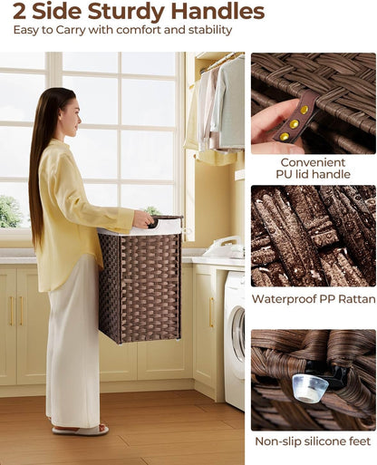 Greenstell Laundry Hamper with 2 Removable Liner Bags, Foldable Divided Clothes Hamper, 90L Handwoven Rattan Laundry Basket with Lid and Handles, No Assembly Needed, 18.3x13.3x24 Inches, Black