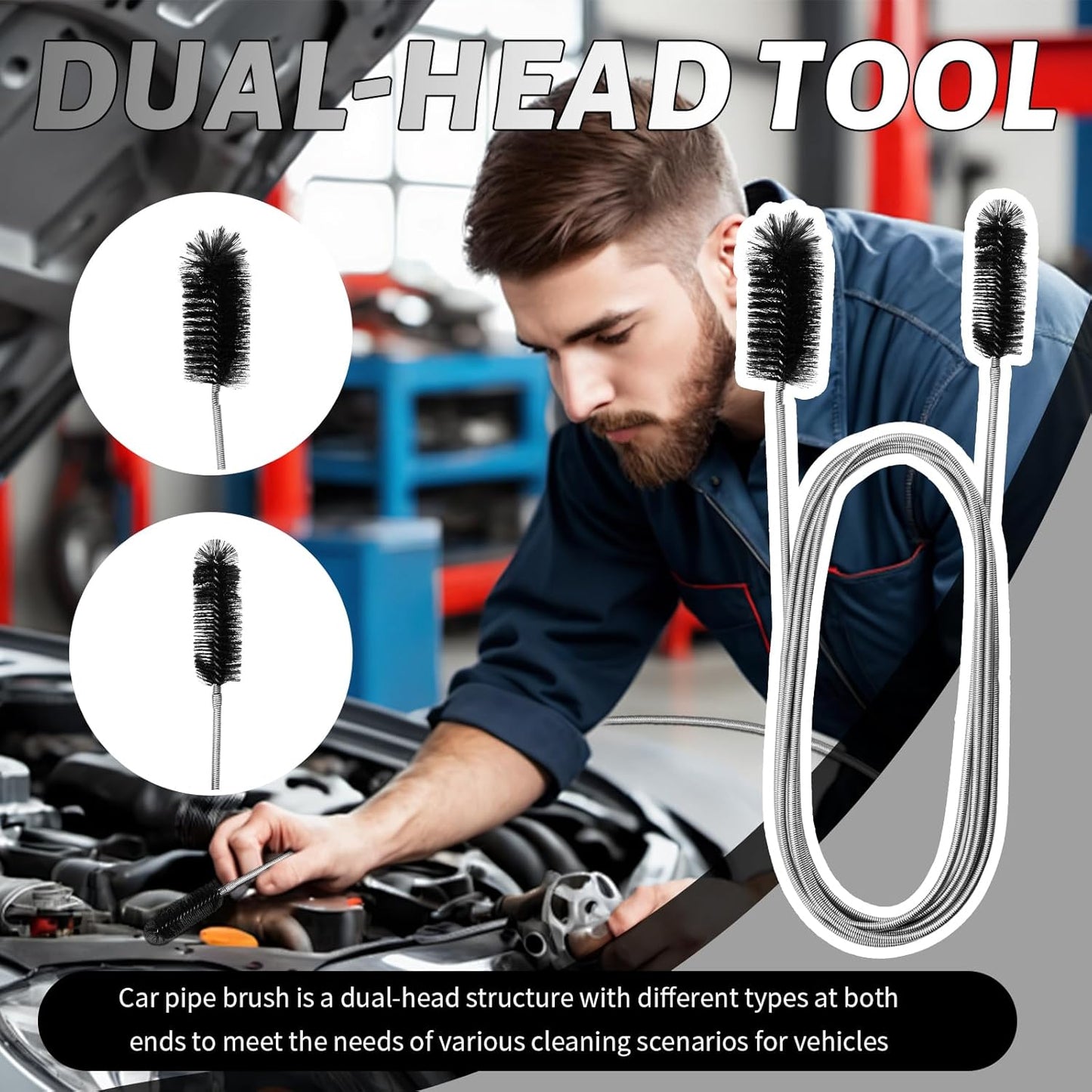 78" Long Flexible Car Drain Cleaning Brush,Stainless Steel/Nylon Pipe Cleaner Brush with Double Head,Slim Car Drain Brushes Pipe Cleaning Tool as Auto Sunroof Drains Cleaner