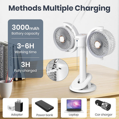 Clip on Fan Dual Head Rechargeable,Portable Desk Fan with LED Lights,Wall Mounted Ultra Silent 360° Rotatable Removable for Car, Table,Bedroom,Office,Camping,Stroller,Treadmill,Travel Outdoor