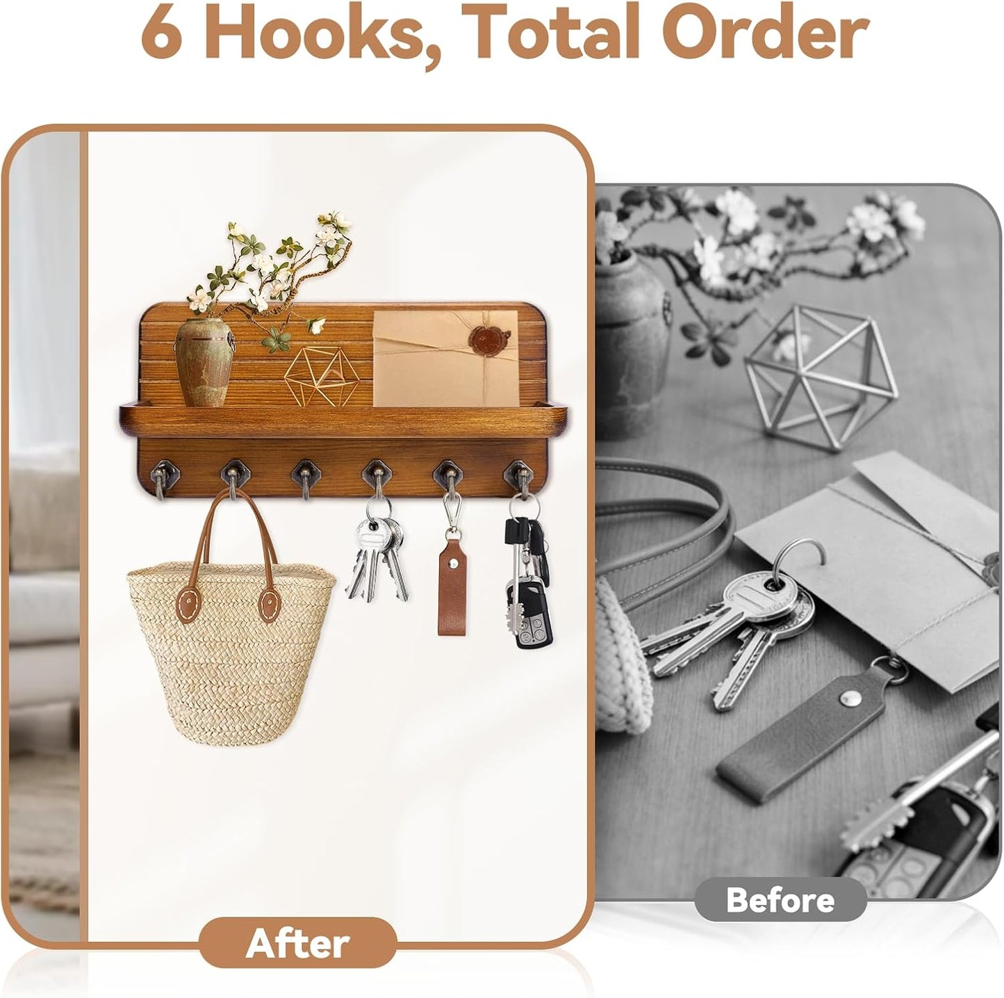 Key Holder for Wall, Mail Organizer Wall Mount with 6 Hooks Wooden Hanging Key Rack for Home Decor, Hallway, Entryway (Brown)