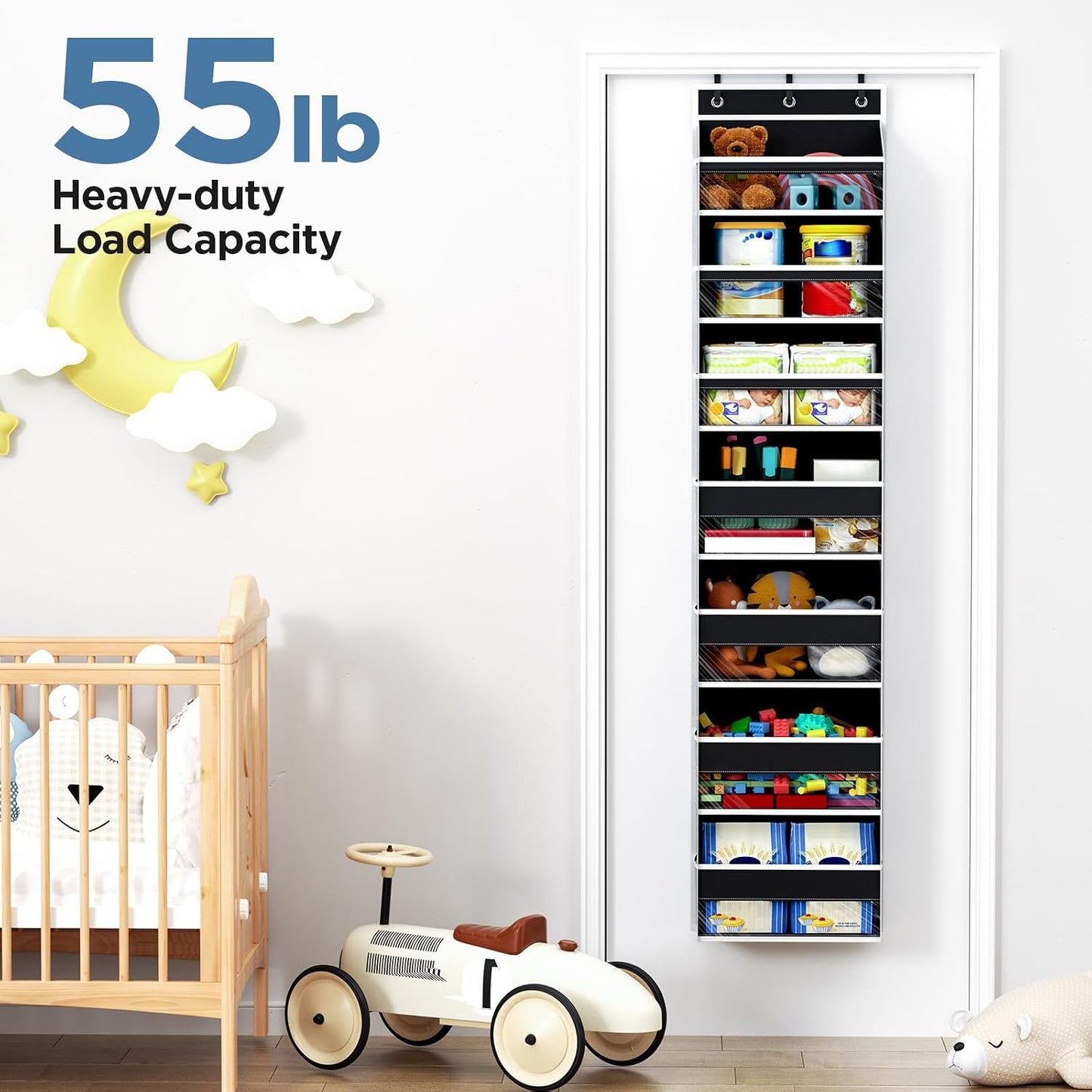 6 Tiers Over The Door Organizer, Heavy Duty Hanging Organizer Storage with Large Capacity Pockets, Behind Door Storage Hanging Shelves for Closet Wall Bathroom Bedroom Nursery Pantry, 1 Pack Grey