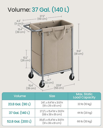 SONGMICS Laundry Basket with Wheels, 3-Section Rolling Laundry Hamper, 52.8 Gallons (200 L), Removable Liner, Steel Frame with Handle, 35.8 x 15.4 x 31.9 Inches, Cream White URLS005W01
