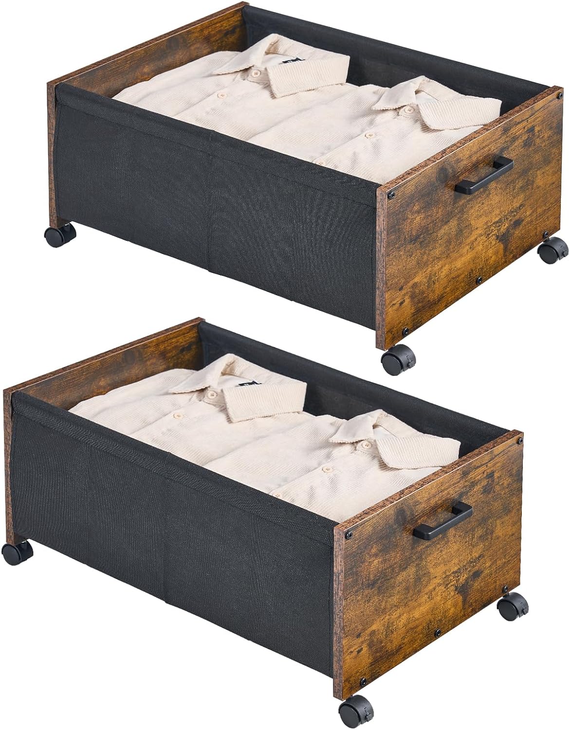 FOUCSSOMEI Under Bed Storage with Wheels, Wooden Under Bed Drawers On Wheels, Rolling Under Bed Shoe Storage, Space Saving, Rustic Brown,30L