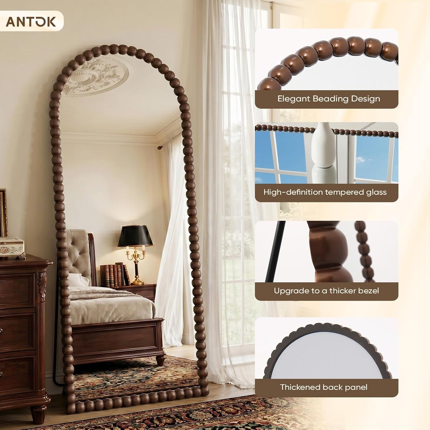 Antok 58" x 21" Arched Full Length Mirror, Antique Beaded Frame Floor Standing or Wall Mounted Mirror with Stand for Bedroom, Entryway, Brown, Luxury Style