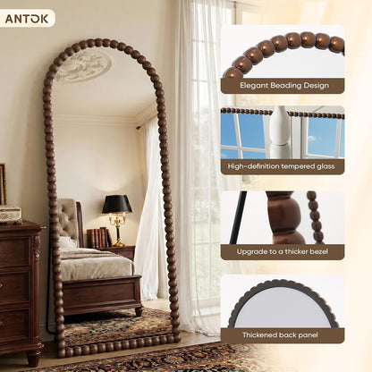 Antok 58" x 21" Arched Full Length Mirror, Antique Beaded Frame Floor Standing or Wall Mounted Mirror with Stand for Bedroom, Entryway, Brown, Luxury Style