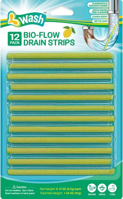 Lemon Scent Bio-Flow Drain Strips - 12 Strips | L-Wash Drain Cleaner & Odor Remover Sticks - Keeps Pipes Fresh