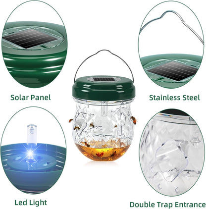 2026 Solar Wasp Traps Outdoor Hanging, Reusable Yellow Jacket Traps with LED Light, IP65 Waterproof Hornet Trap & Wasp Catcher for Outside Patio Garden Patio Backyard Camping (4 Pack)
