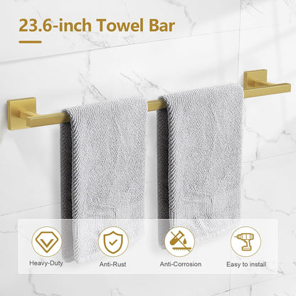 TQKAG Brushed Gold Bathroom Hardware Accessories Set 10 Pieces, 23.6" SUS304 Stainless Steel Towel Bar Set Wall Mounted Includes Single Towel Bar, Towel Ring, Toilet Paper Holder, Double Towel Hooks