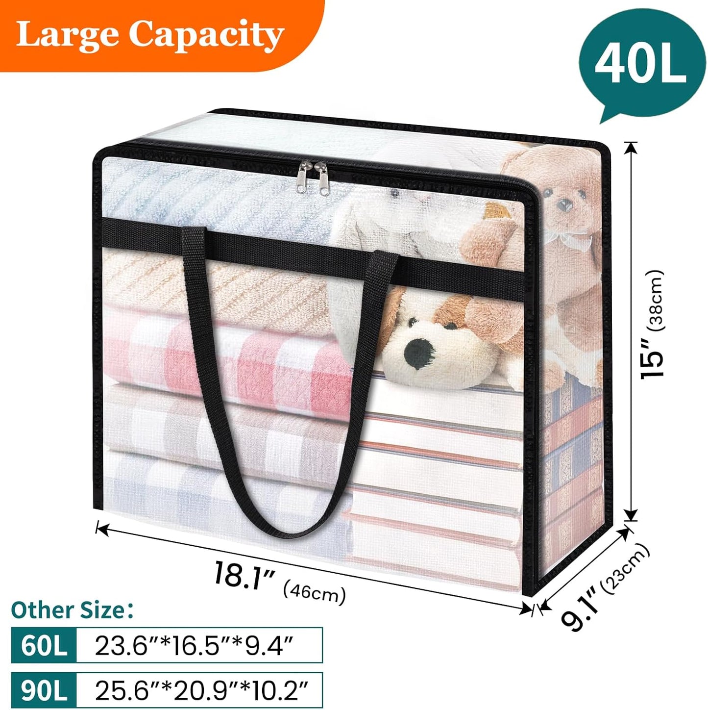 TasticTotes 6 Pack Clear Storage Bags for Comforter, Clothes & Bedding, Plastic Blanket Storage with Zipper and Handle, Moving Bags, Closet Organizer and Under-Bed Storage (40L)