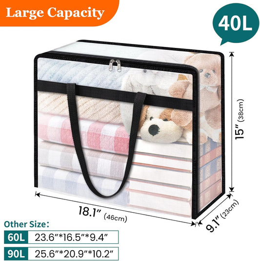 TasticTotes 6 Pack Clear Storage Bags for Comforter, Clothes & Bedding, Plastic Blanket Storage with Zipper and Handle, Moving Bags, Closet Organizer and Under-Bed Storage (40L)