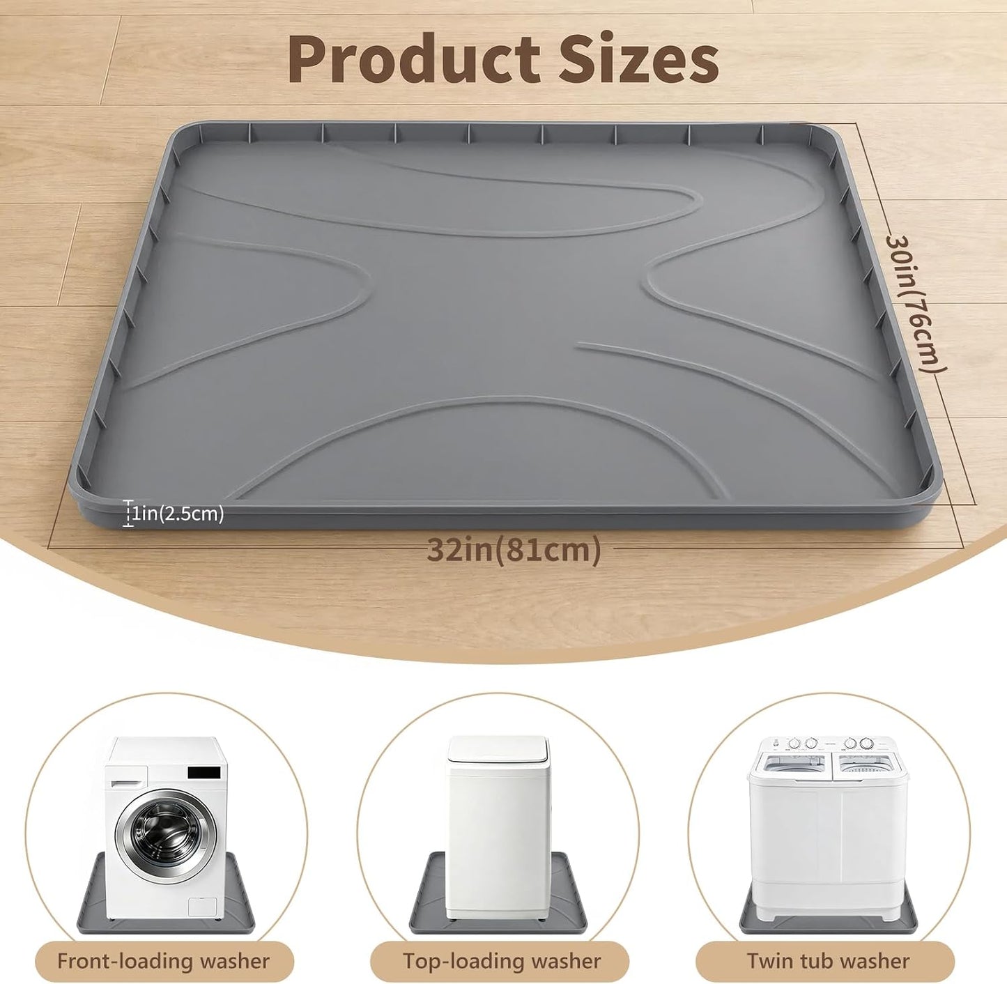 Washing Machine Drain Pan，32''x30'' Silicone Mat with Raised Reinforced Frame & Triangular Reinforcing Rib,fits Most Washer Models, Washing Machine Tray for Floor Protection in Laundry Room (gray)