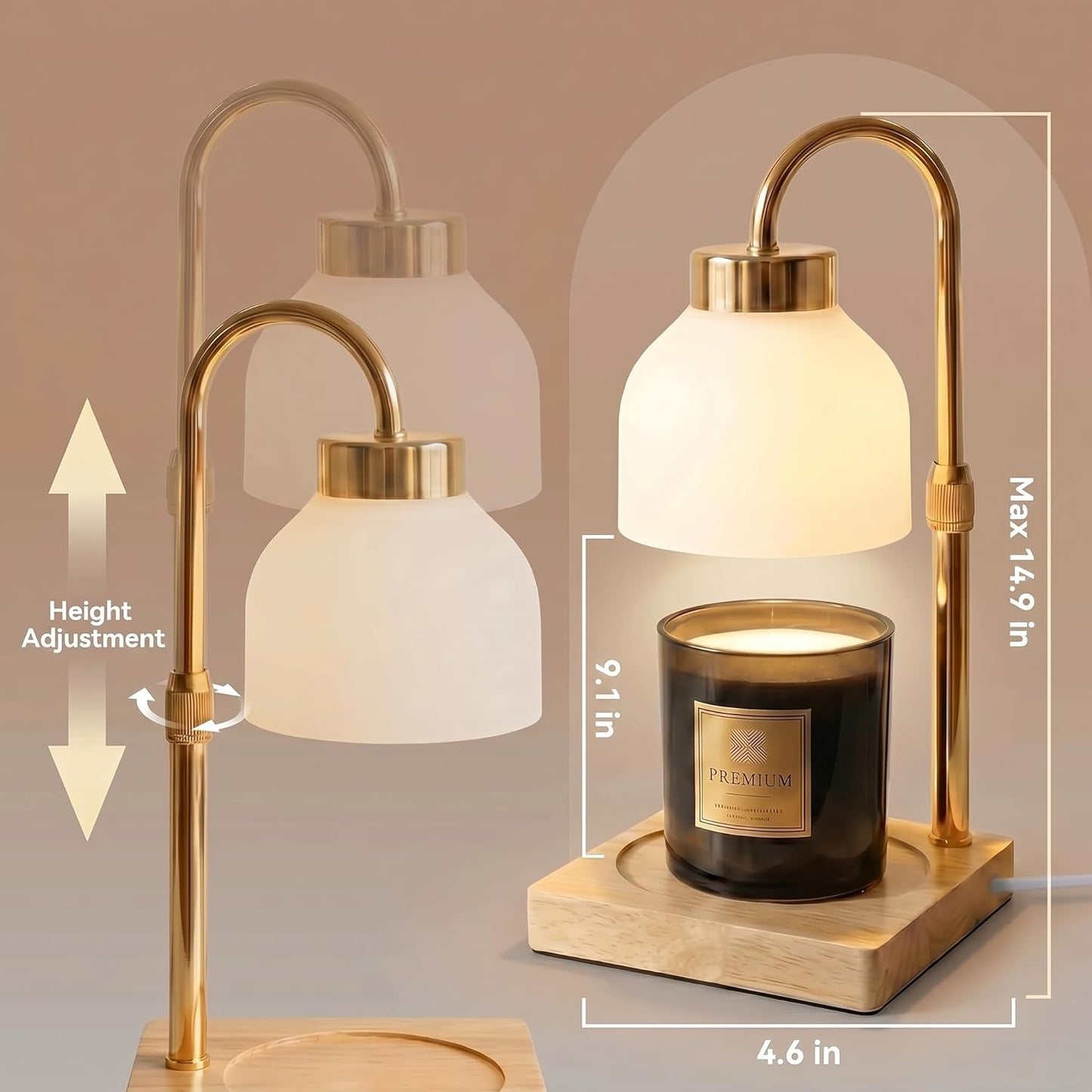 Luxury Candle Warmer Lamp with Timer, Dimmer, Remote Control, Adjustable Height, Electric Candle Warmer for Large Jar Candles, Flameless Candle Heater, Home Decor