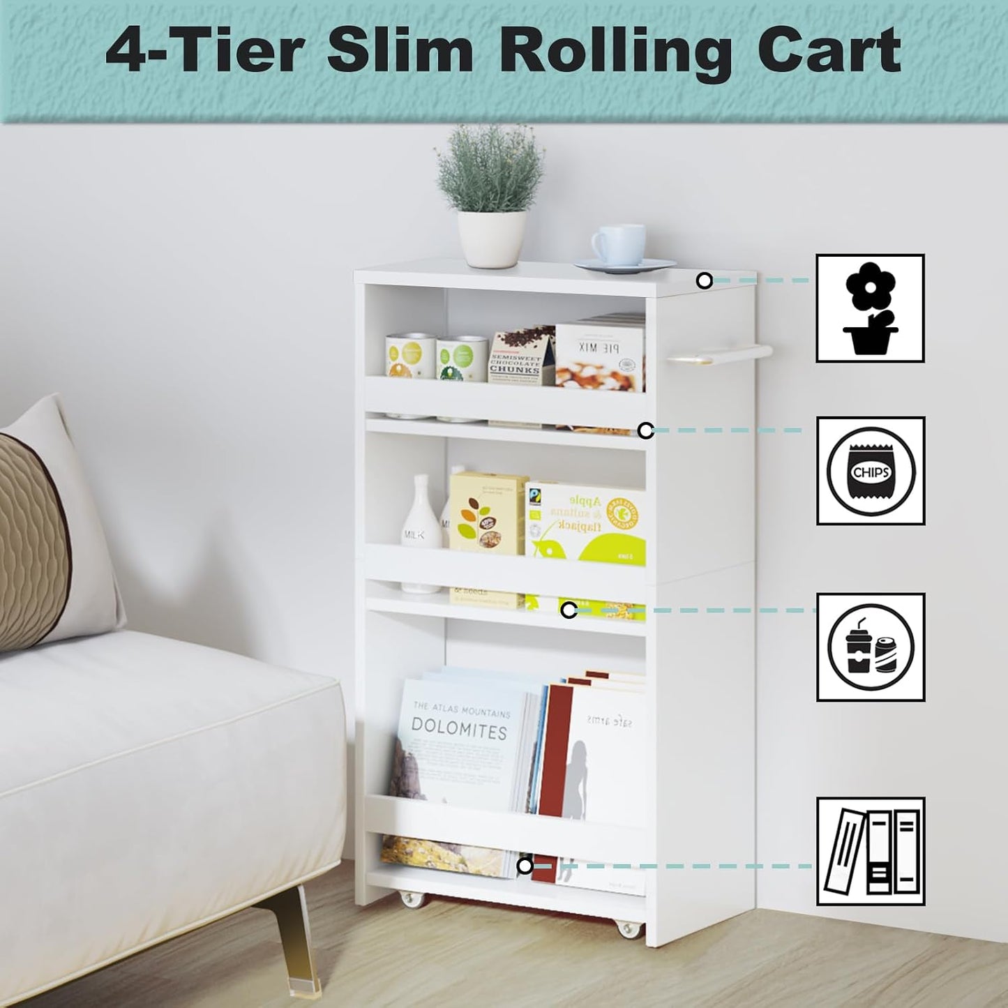 MARTY Slim Rolling Storage Cart 4-Tier Kitchen Cart with Wheels, Laundry Room Storage with Handle Slide Out Utility Cart Shelving Unit Organizer Trolley for Narrow Places Bathroom Small Corner, Black