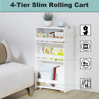 MARTY Slim Rolling Storage Cart 4-Tier Kitchen Cart with Wheels, Laundry Room Storage with Handle Slide Out Utility Cart Shelving Unit Organizer Trolley for Narrow Places Bathroom Small Corner, Black