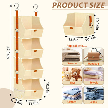 Fabric 4 Tier Hanging Closet Organizers Heavy Duty Shelf Hanging Storage Towel Clothes Sweater Jeans Bag Organizer For Closet For Bedroom,Dorm,RV,See Through Front Panel, Space-Saving (Beige-4Tier)