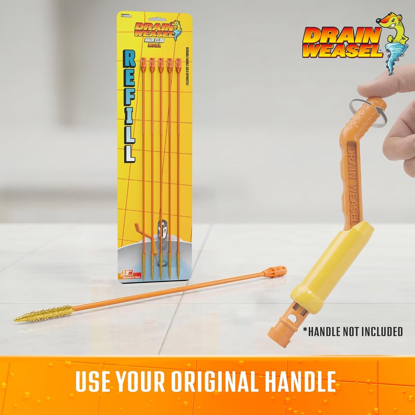 FlexiSnake Drain Weasel Refill - Sink Snake Hair Clog Remover Tool, Sink, Pipe, Bathroom, Bathtub Drain Cleaner, 18-inch Long Flexible Disposable Wands, Made in The USA, 10 Pack