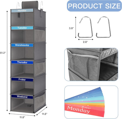 Fixwal 2 Pack 6-Shelf Weekly Hanging Closet Organizer for Kids, Kids Daily Clothes Organizers with 6 Side Pockets, Days of The Week Hanging Storage Shelves (White)