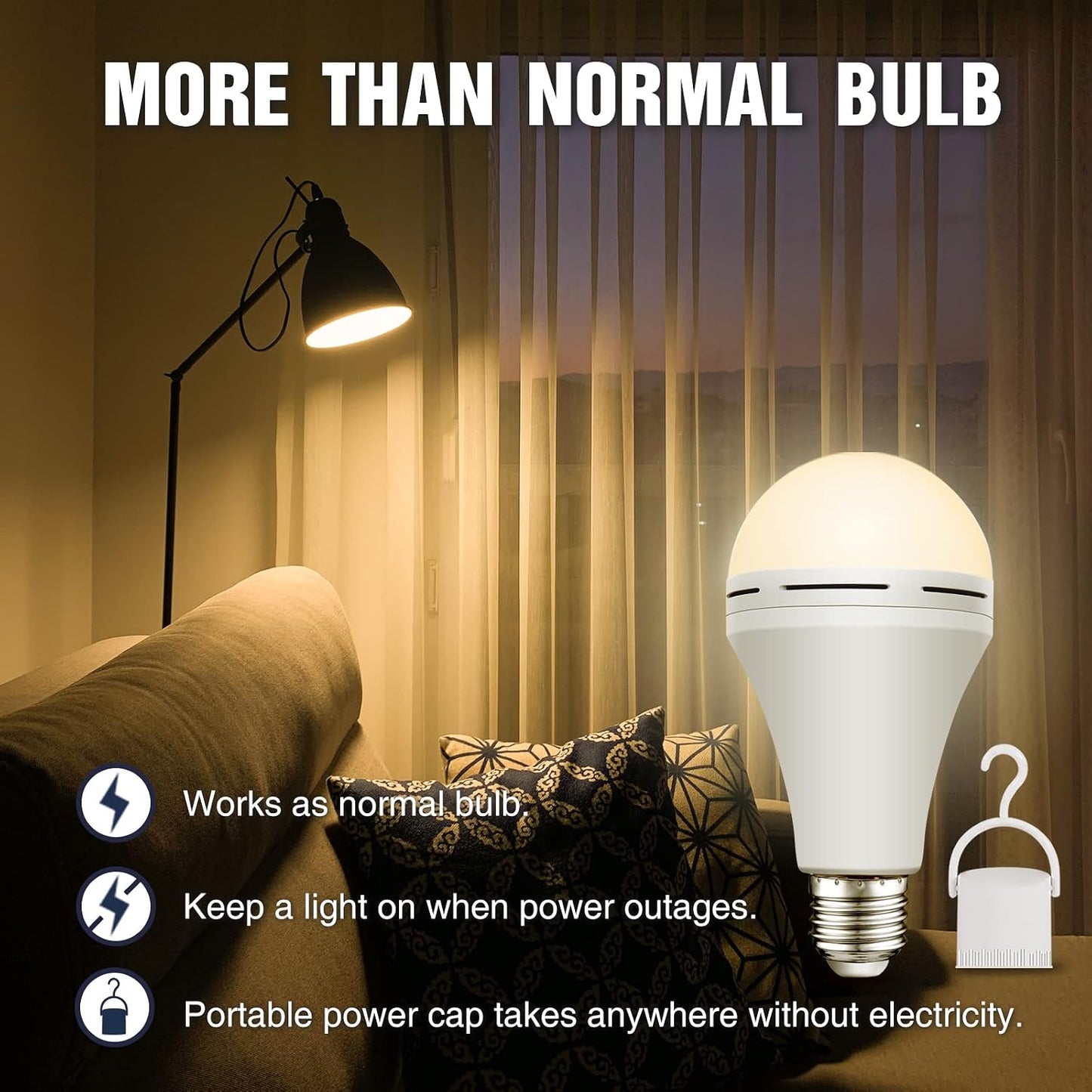 Neporal 4 Pack Emergency-Rechargeable-Light-Bulb, Stay Lights Up When Power Failure, 1500mAh 15W 80W Equivalent LED Light Bulbs for Home, Camping, Tent (E27, with Hook) (Daylight)