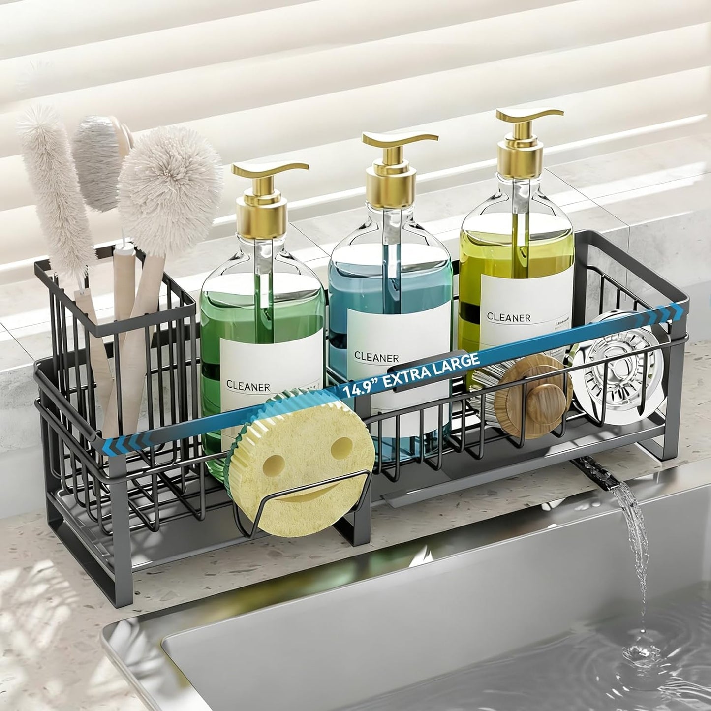 Aurblozen Extra Large Extendable Sponge Holder for Kitchen Sink, Rustproof Sink Caddy Organizer with High Brush Holder, Dish Soap Dispenser Organizers and Storage (Black)