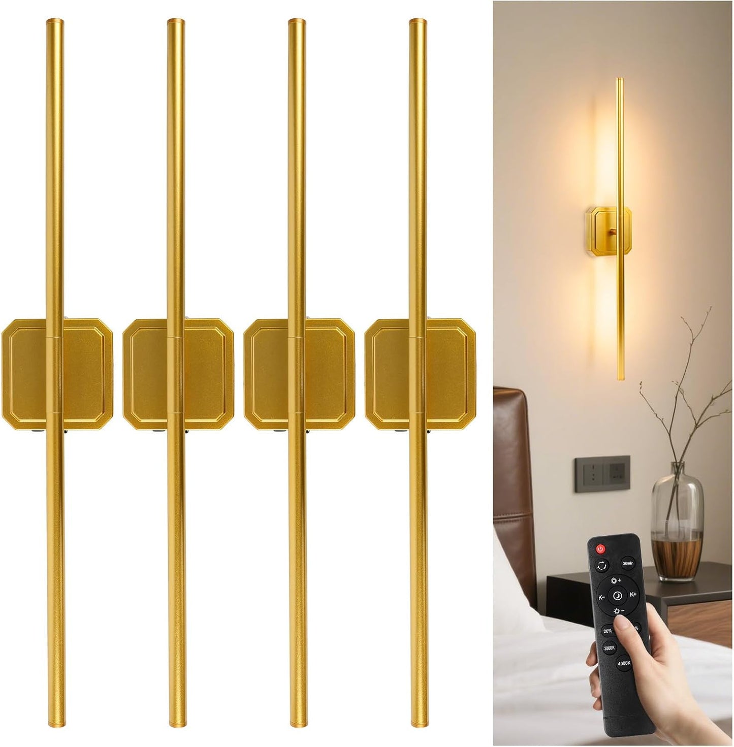GvvooHome Battery Operated Wall Sconces Set of 2, Detachable 360°Rotate Wall Lamps, 3000-6500K Dimmable with Remote Control, 10000mAh Rechargeable Wall Light for Bedroom, Living Room, 28.3" Black Gold