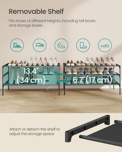 SONGMICS Shoe Rack, 2-Tier Shoe Storage Organizer, Space-Saving, 11.7 x 16.5 x 12.2 Inches, Entryway, Metal Frame, Non-Woven Fabric Shelves, Ink Black ULSH012BH01