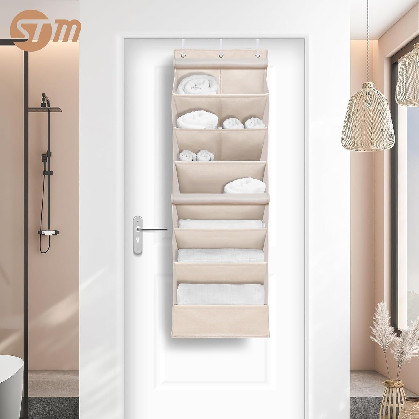 STORAGE MANIAC Over the Door Shoe Organizer with Curtain Dustproof Heavy-Duty Large Deep Pocket Hanging Shoe Organizer for Closet Dorm & Narrow Door Storage Shoe Holder Shoe Rack, 9-Shelf Beige 1 Pack
