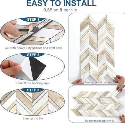 Yipscazo 10-Sheet Herringbone Backsplash Peel and Stick Tile, Polished White PVC Stick on Backsplash for Kitchen, Waterproof Self Adhesive Wall Tile for Bathroom