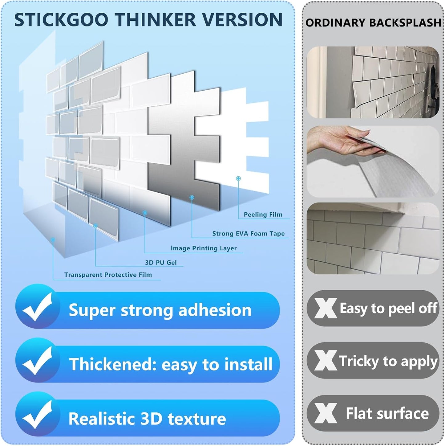 STICKGOO White Peel and Stick Subway Tile, Stick on Backsplash Tiles for Kitchen and Bathroom, Flexible Vinyl Wall Tile, Easy DIY Installation
