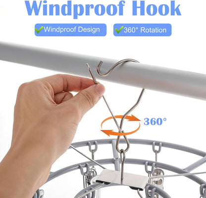 2 Pack Clothes Drying Rack with 24 Clips, Stainless Steel Clothes Drying Hanger, Swivel Windproof Round Dry Rack, Heavy Duty Underwear Hanger for Indoor Outdoor Wet and Dry (Grey)