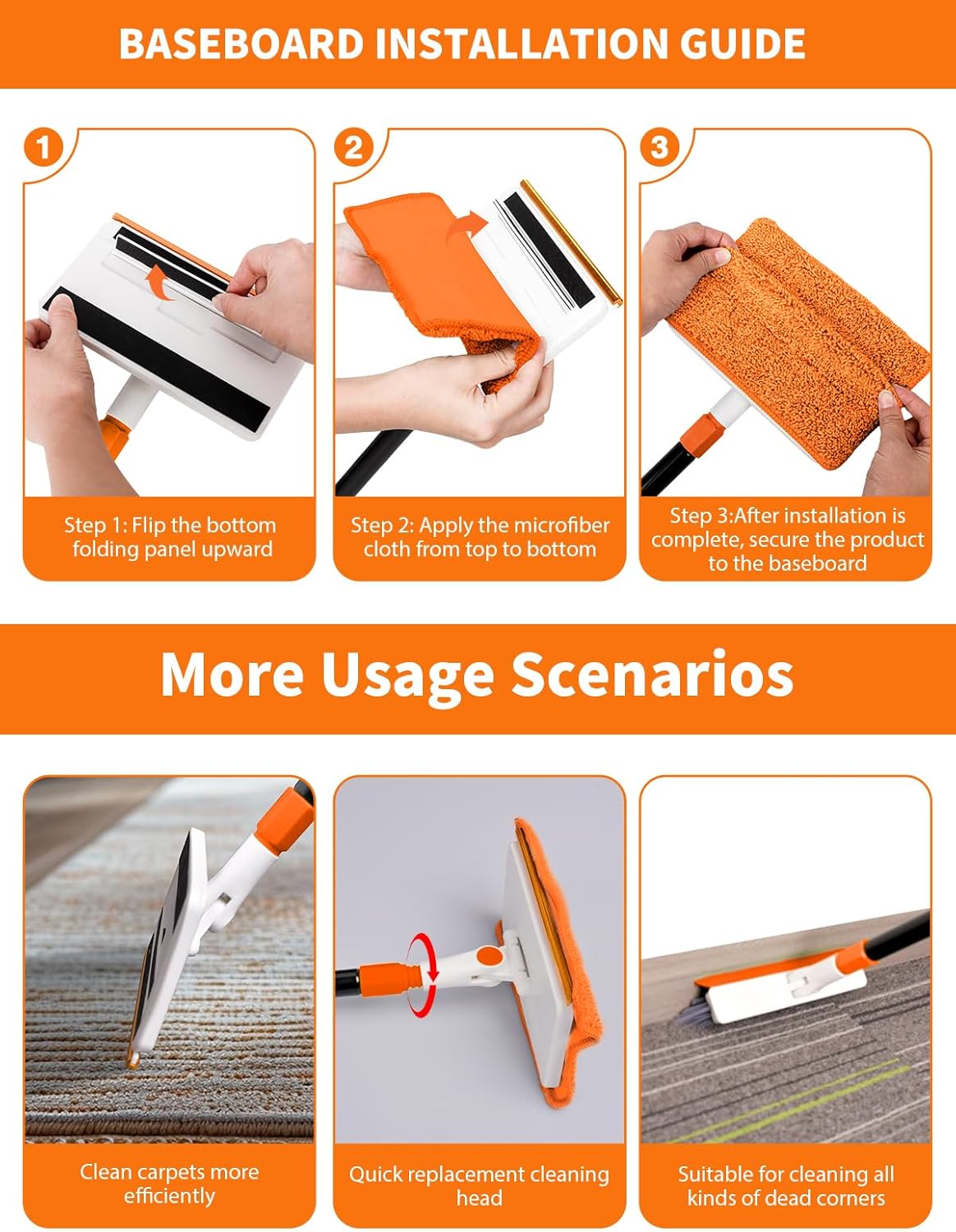 4-in-1 Baseboard Cleaning Tool with Extendable Handle 5 Reusable Pads 1 Carpet Rake Stiff Bristle Brush Multi-Surface Baseboard Brush for Cleaning Baseboard Wall Carpet Floor Bathroom Kitchen Pet Hair