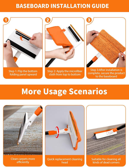 4-in-1 Baseboard Cleaning Tool with Extendable Handle 5 Reusable Pads 1 Carpet Rake Stiff Bristle Brush Multi-Surface Baseboard Brush for Cleaning Baseboard Wall Carpet Floor Bathroom Kitchen Pet Hair