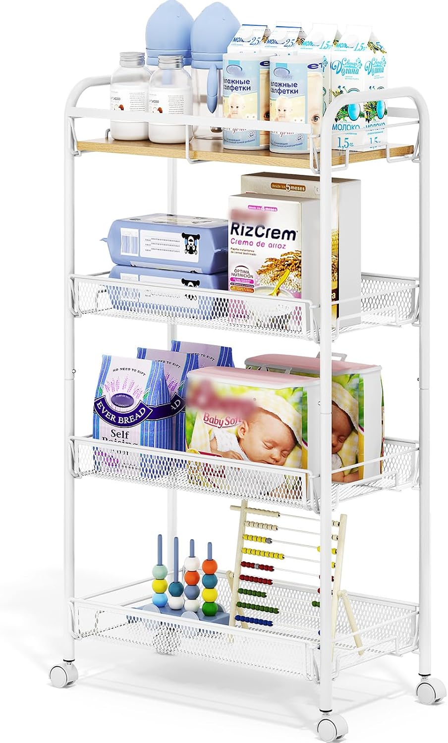 TOOLF 4-Tier Slim Rolling Cart, Metal Utility Cart, Slide Out Storage Cart with Wooden Tabletop and Mesh Baskets for Narrow Space on Kitchen Bathroom Laundry Room Bedroom Apartments Dormitory