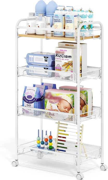 TOOLF 4-Tier Slim Rolling Cart, Metal Utility Cart, Slide Out Storage Cart with Wooden Tabletop and Mesh Baskets for Narrow Space on Kitchen Bathroom Laundry Room Bedroom Apartments Dormitory