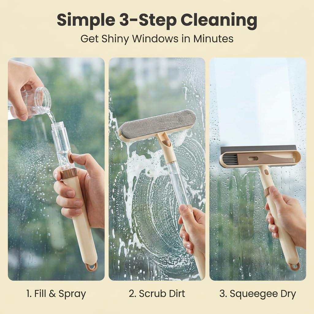 Double Sided Window Screen Cleaning Brush with Built in Crevice Brush Long Handle Detachable Squeegee Glass Scraper for Windows Screens (Khaki)