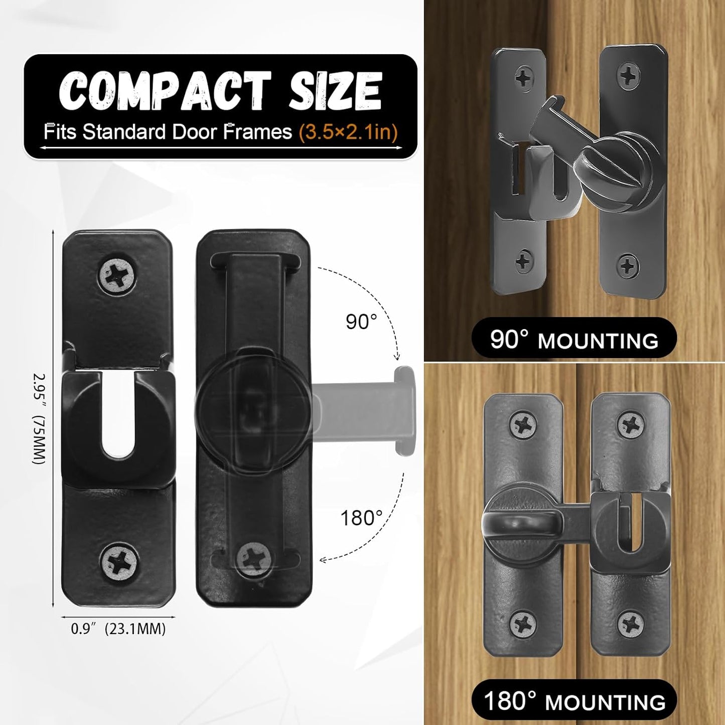 No Drill Barn Door Lock – 90/180 Degree Flip Latch for Sliding Doors, Child & Pet Safety, Easy Installation with Adhesive Pad, Heavy Duty Zinc Alloy (Black) ﻿