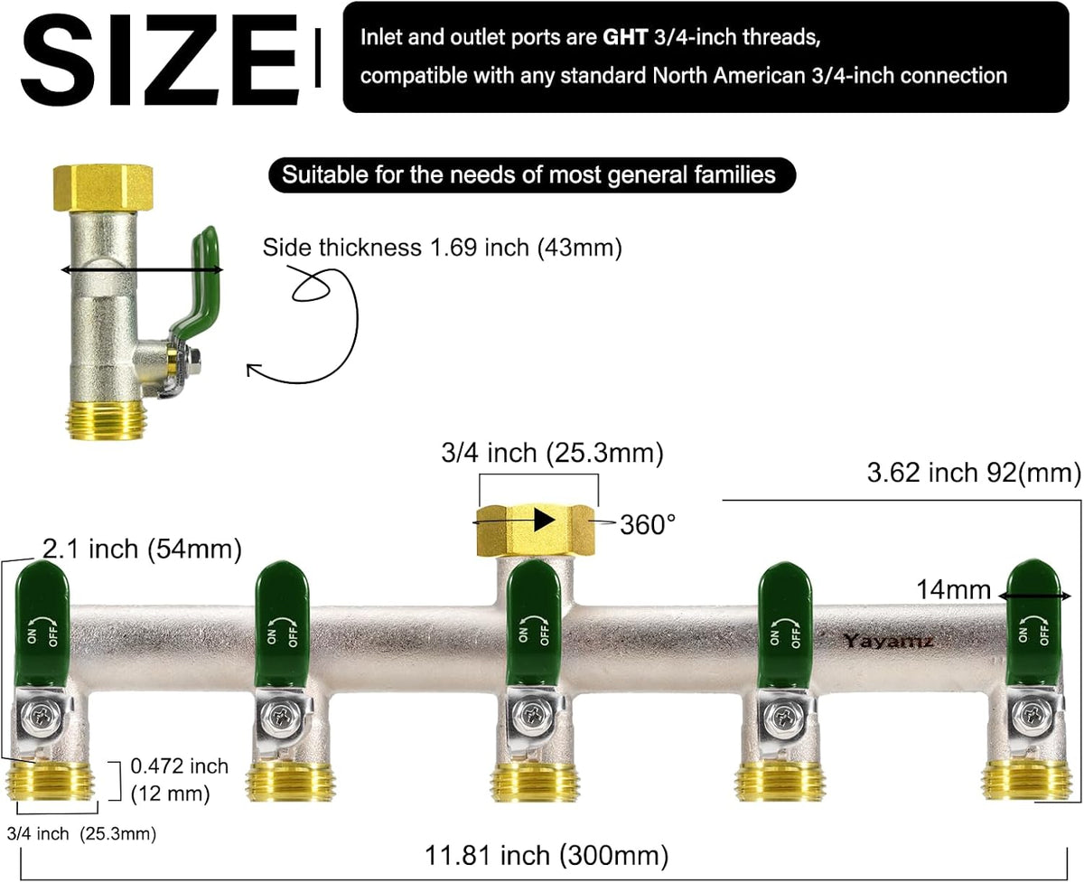 Garden Hose Splitter, 3/4” Rust and Freeze Resistant Outdoor Hose Manifold with 2 green Extra Long Handles Faucet Adapter-Heavy Duty Brass Nickel Plated 2-Way Valve