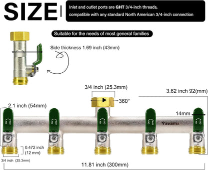 Garden Hose Splitter, 3/4” Rust and Freeze Resistant Outdoor Hose Manifold with 2 green Extra Long Handles Faucet Adapter-Heavy Duty Brass Nickel Plated 2-Way Valve