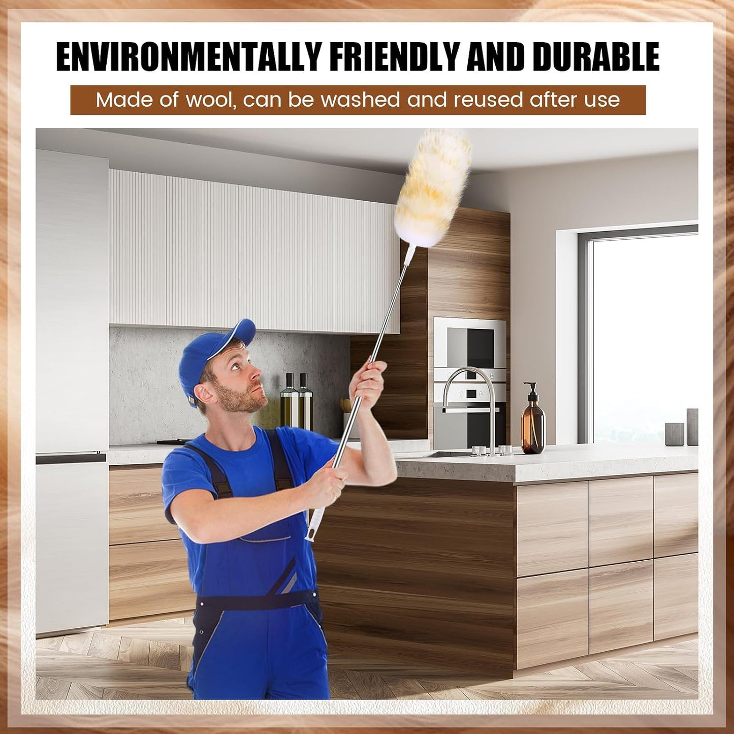 Remerry Extendable Lambswool Cleaning Duster 30-96 Inch, Wall Duster Cleaner with Stainless Steel Extension Pole for High Ceiling Fan, Interior, and Roof Dusting